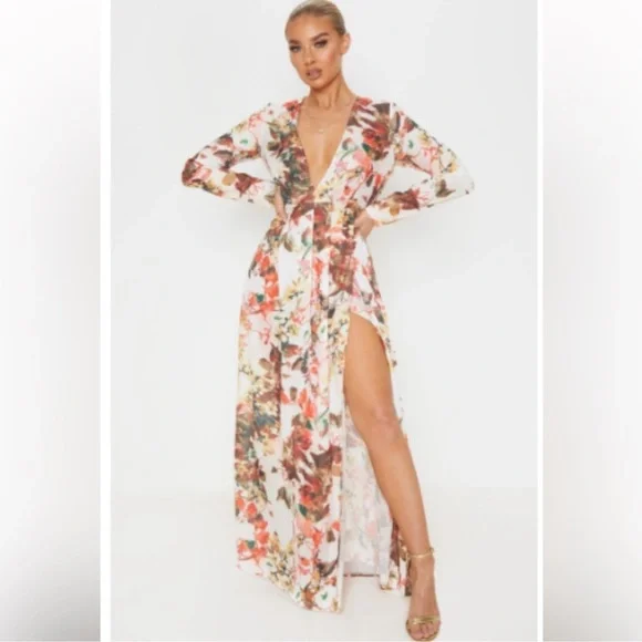 Vibrant Floral Long Dress with High Slit - Picture 1 of 3